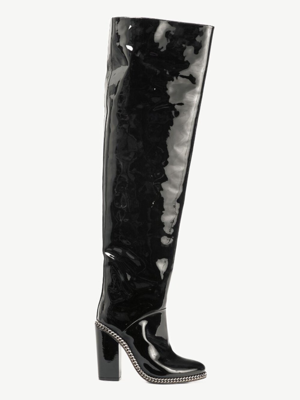 Balmain Emma Noir Patent-Leather Chain-Trim Thigh-High Boots